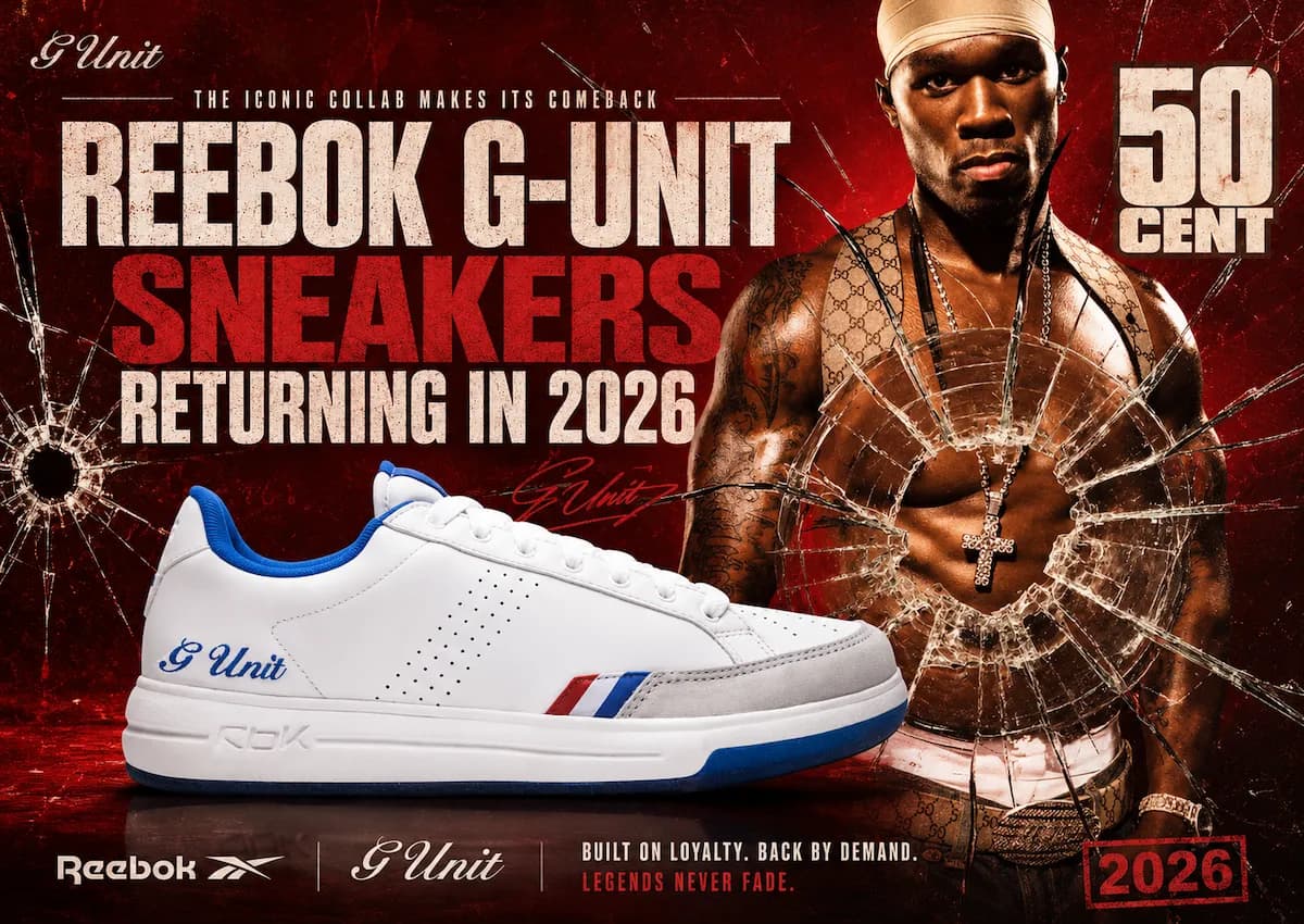 Białe buty Reebok G-Unit z niebiesko-czerwonymi akcentami i masywnym logo G-Unit na bocznym panelu